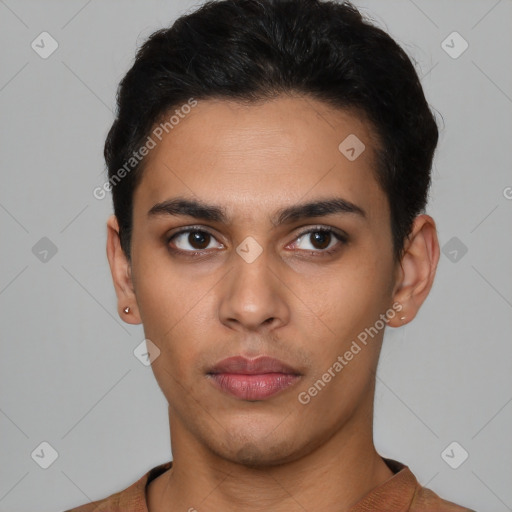 Neutral latino young-adult male with short  black hair and brown eyes