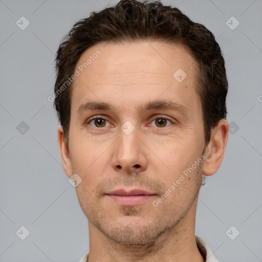 Neutral white adult male with short  brown hair and brown eyes