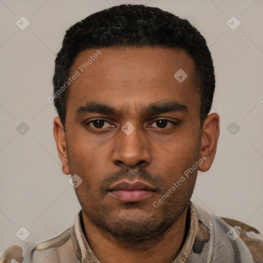 Neutral latino young-adult male with short  black hair and brown eyes