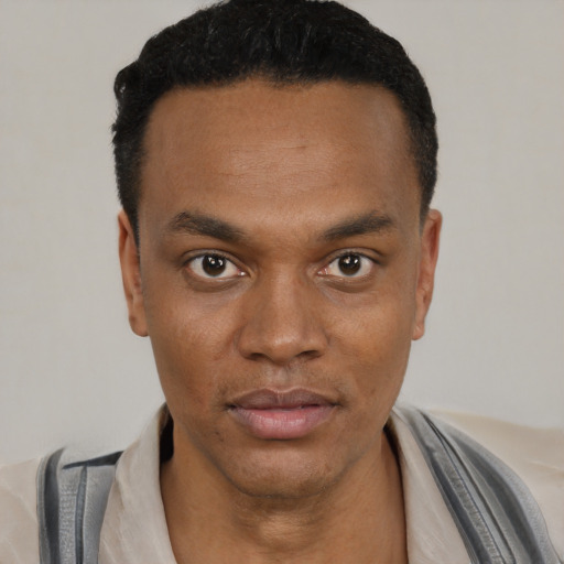 Neutral black young-adult male with short  black hair and brown eyes