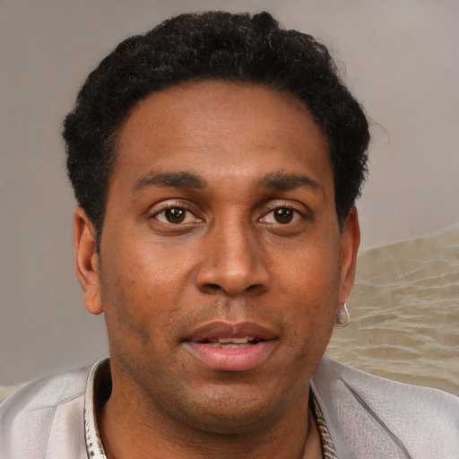 Joyful black adult male with short  brown hair and brown eyes