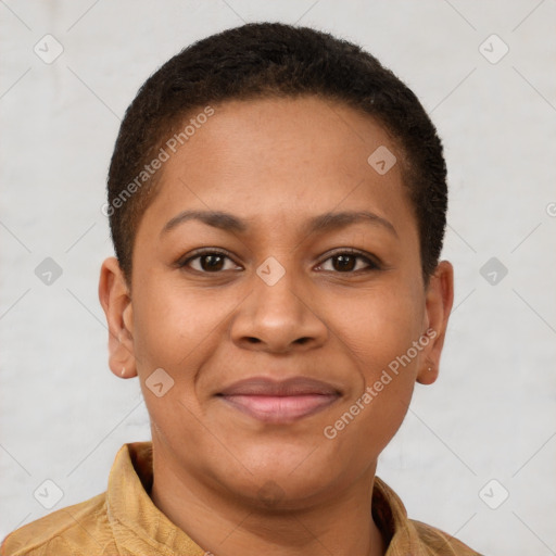 Joyful latino young-adult female with short  brown hair and brown eyes