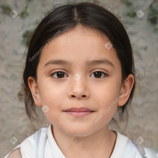 Joyful white child female with medium  brown hair and brown eyes