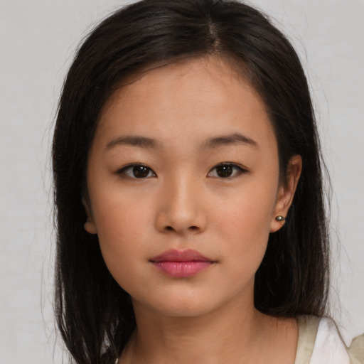 Neutral asian young-adult female with long  brown hair and brown eyes