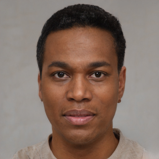 Neutral black young-adult male with short  black hair and brown eyes