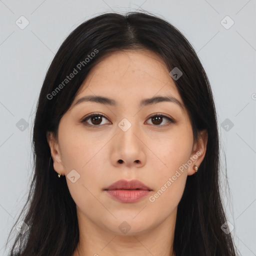 Neutral asian young-adult female with long  brown hair and brown eyes