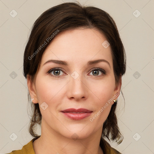 Joyful white young-adult female with medium  brown hair and green eyes