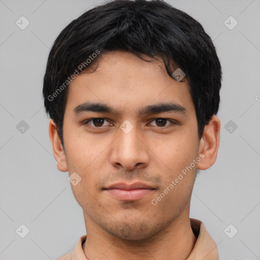 Neutral latino young-adult male with short  black hair and brown eyes