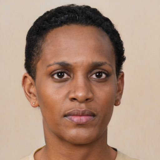 Neutral black young-adult female with short  black hair and brown eyes