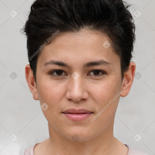 Joyful white young-adult female with short  brown hair and brown eyes