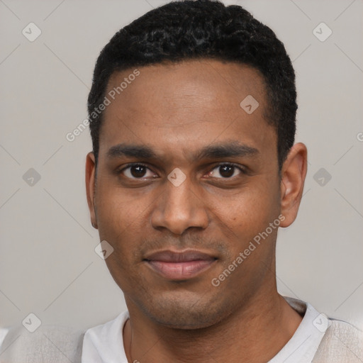 Neutral black young-adult male with short  black hair and brown eyes