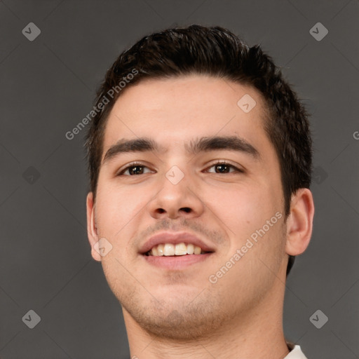 Neutral white young-adult male with short  brown hair and brown eyes