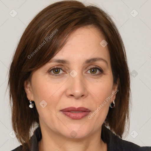 Joyful white adult female with medium  brown hair and grey eyes