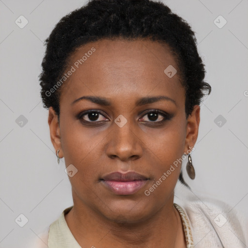 Neutral black young-adult female with short  black hair and brown eyes