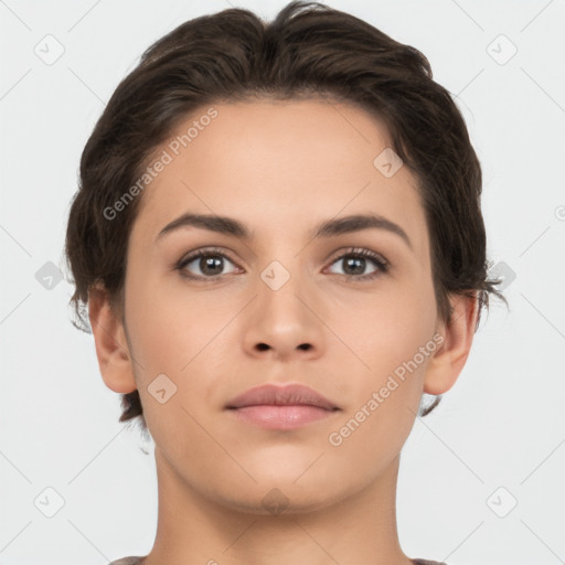 Neutral white young-adult female with short  brown hair and brown eyes