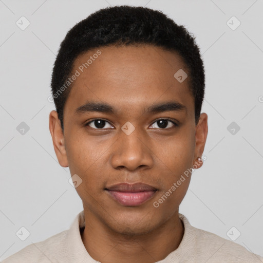 Joyful black young-adult male with short  black hair and brown eyes