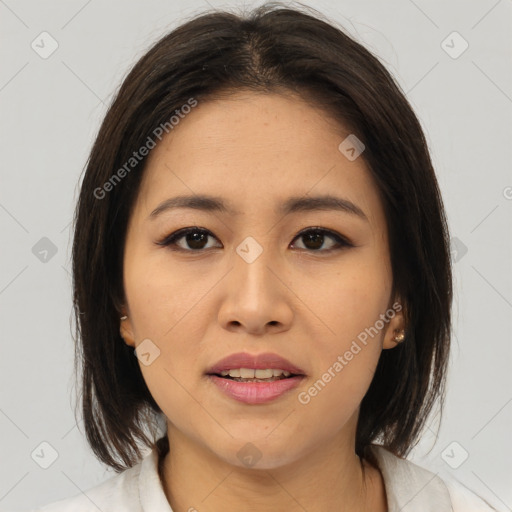 Joyful asian young-adult female with medium  brown hair and brown eyes