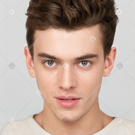 Neutral white young-adult male with short  brown hair and brown eyes