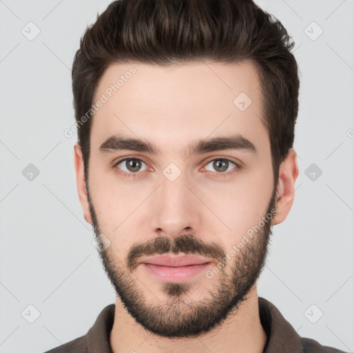 Neutral white young-adult male with short  brown hair and brown eyes