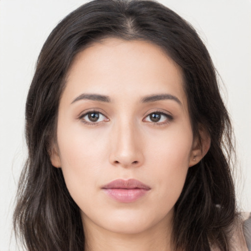 Neutral asian young-adult female with long  brown hair and brown eyes