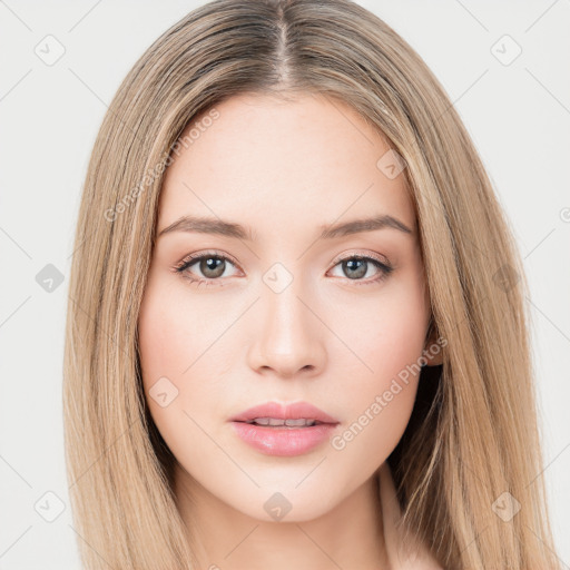 Neutral white young-adult female with long  brown hair and brown eyes