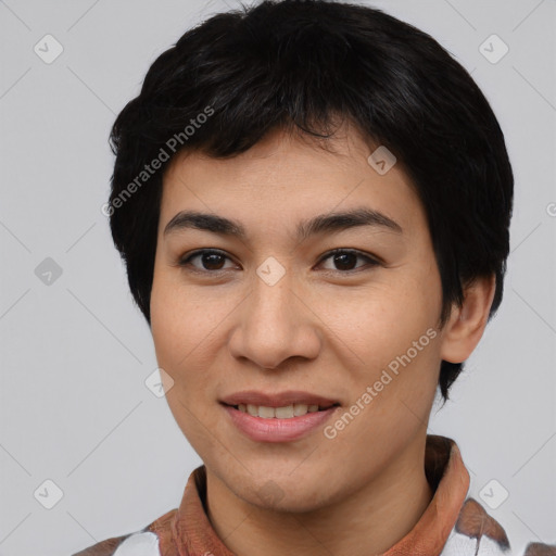 Joyful asian young-adult female with short  black hair and brown eyes