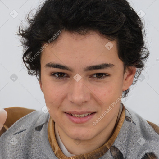 Joyful white young-adult male with medium  brown hair and brown eyes