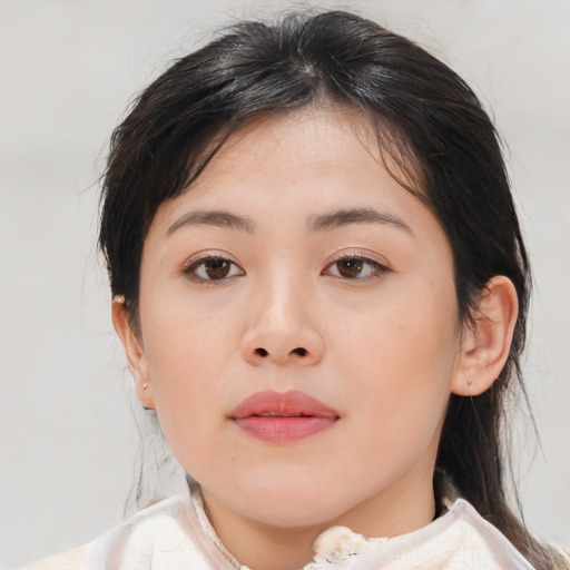 Neutral asian young-adult female with medium  brown hair and brown eyes