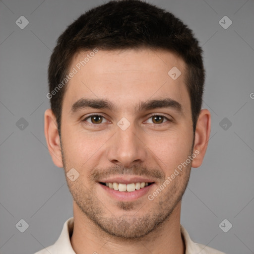 Joyful white young-adult male with short  brown hair and brown eyes