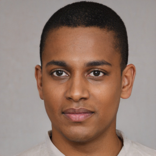 Neutral black young-adult male with short  black hair and brown eyes