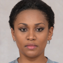 Neutral black young-adult female with short  brown hair and brown eyes