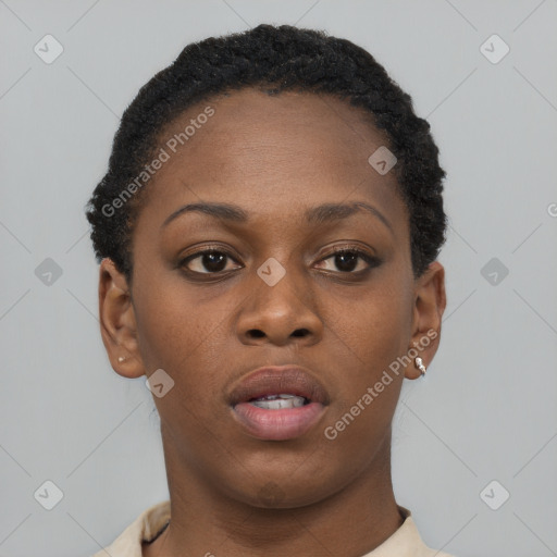 Neutral black young-adult female with short  brown hair and brown eyes