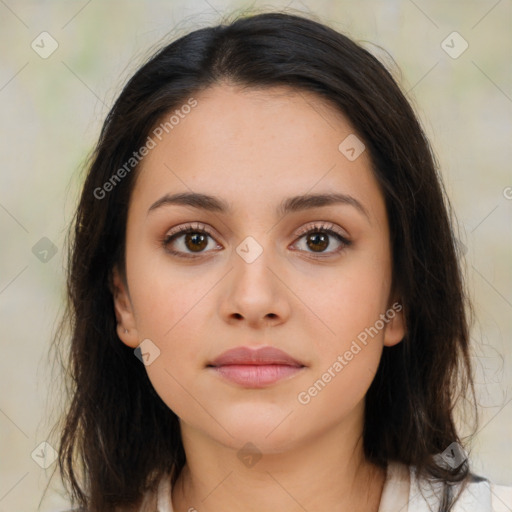 Neutral white young-adult female with medium  brown hair and brown eyes