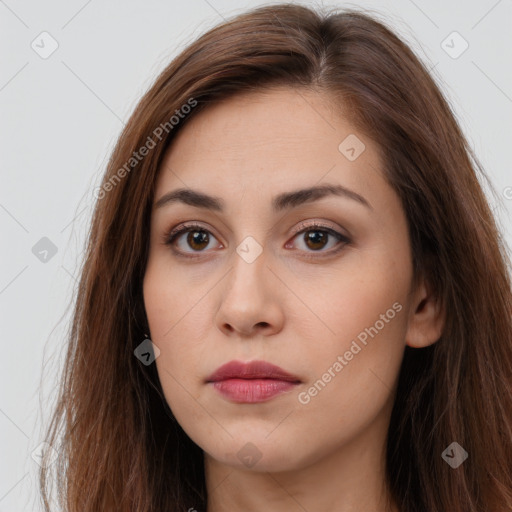 Neutral white young-adult female with long  brown hair and brown eyes