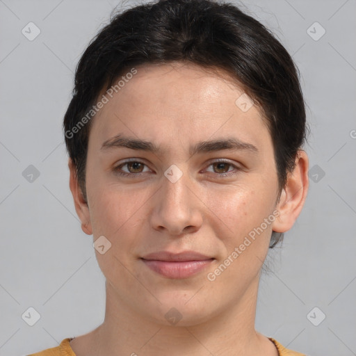 Joyful white young-adult female with short  brown hair and brown eyes