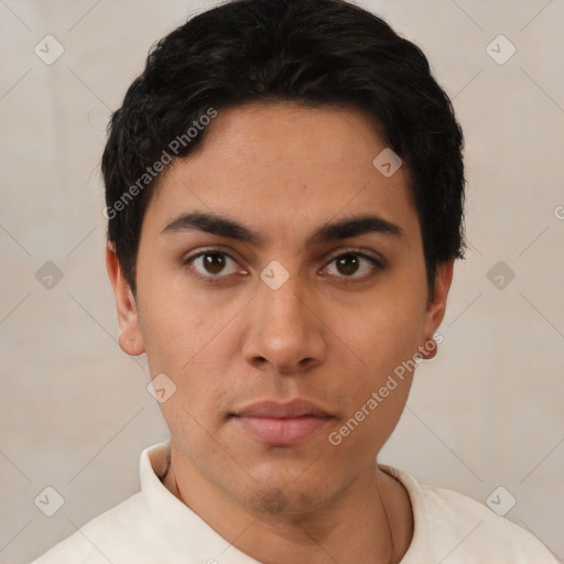 Neutral latino young-adult male with short  black hair and brown eyes