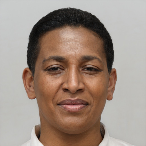 Joyful latino adult female with short  brown hair and brown eyes