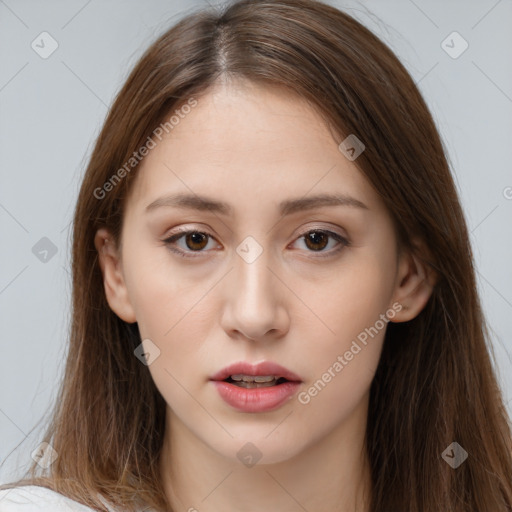 Neutral white young-adult female with long  brown hair and brown eyes