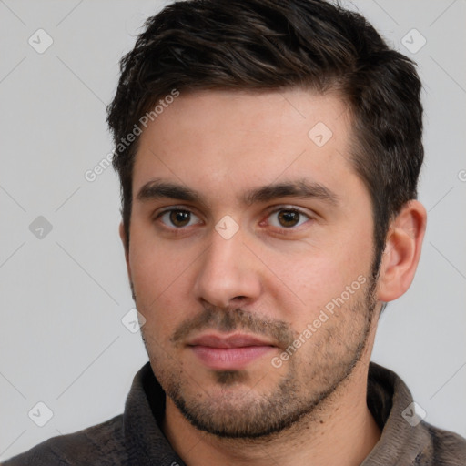 Neutral white young-adult male with short  brown hair and brown eyes