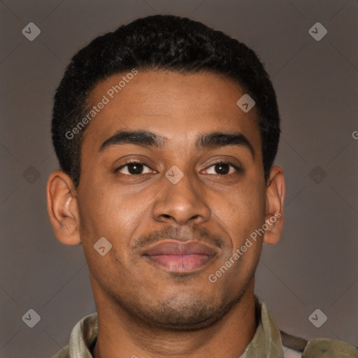 Joyful latino young-adult male with short  brown hair and brown eyes