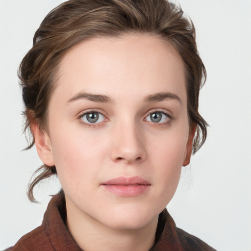 Neutral white young-adult female with medium  brown hair and blue eyes