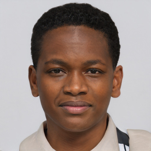 Joyful black young-adult male with short  brown hair and brown eyes
