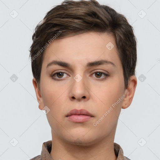 Neutral white young-adult female with short  brown hair and brown eyes