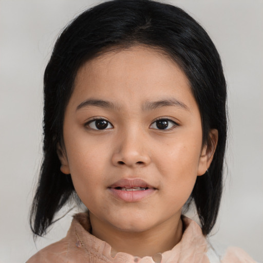 Neutral latino child female with medium  black hair and brown eyes