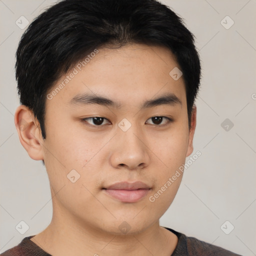 Neutral asian young-adult male with short  black hair and brown eyes