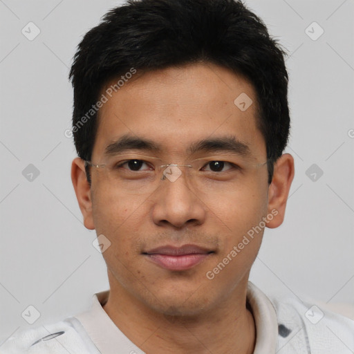 Neutral asian young-adult male with short  black hair and brown eyes