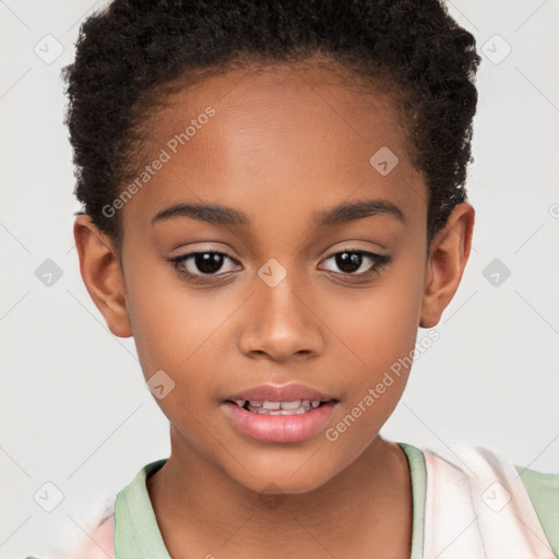 Joyful white child female with short  brown hair and brown eyes