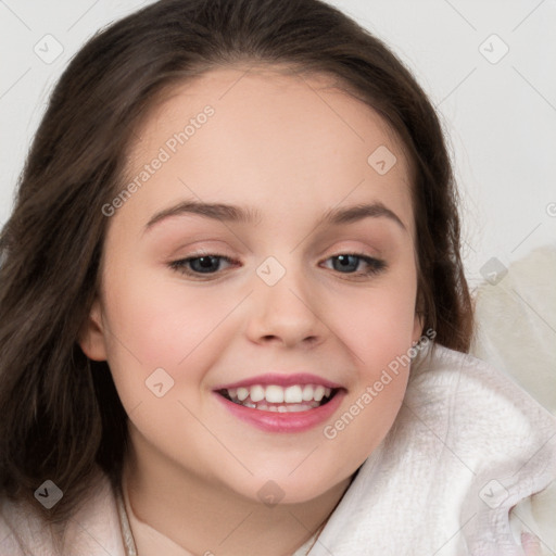 Joyful white child female with medium  brown hair and brown eyes