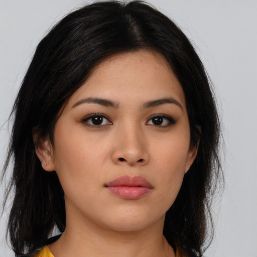 Neutral asian young-adult female with long  brown hair and brown eyes