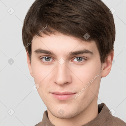 Neutral white young-adult male with short  brown hair and brown eyes